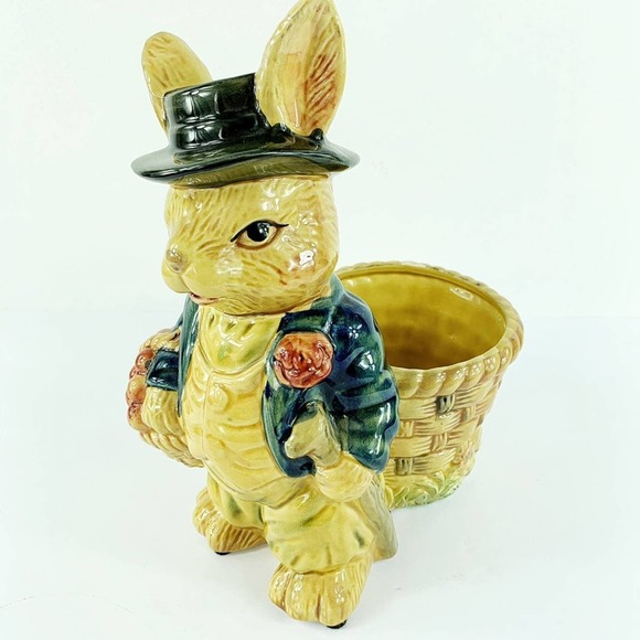 Rabbit With Basket And Top Hat Home Decor, 10" Tall, 8" Deep, 6" Wide, Yellow - Picture 6 of 6